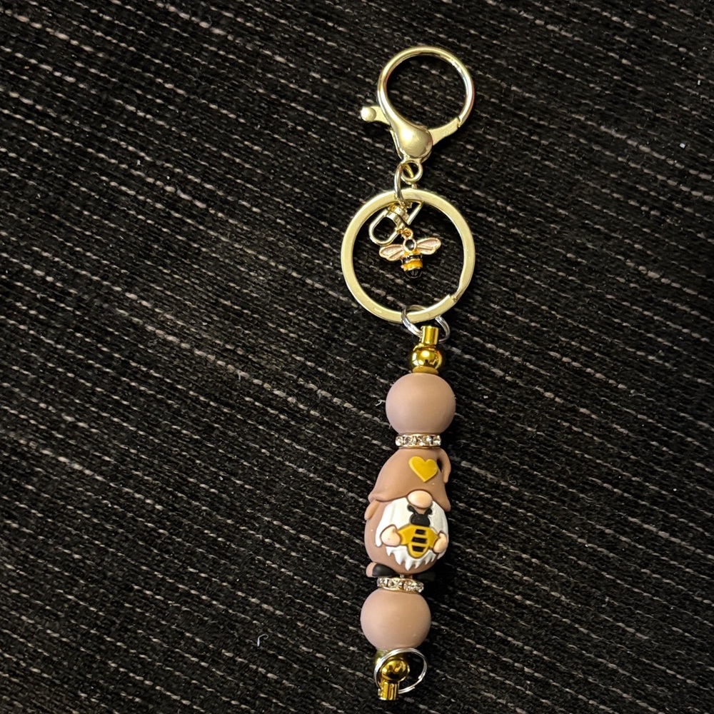 Handmade Gold Tone and Brown Bee Charm Keychain